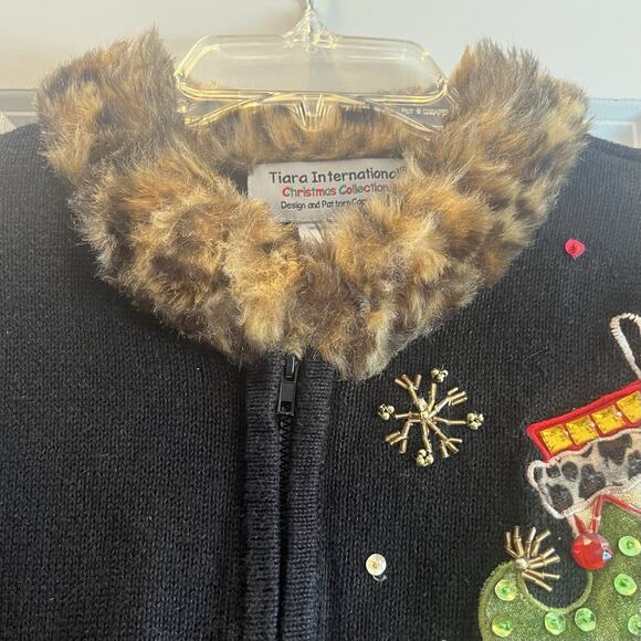 Womans "Ugly" Christmas Cardigan Sweater Faux Fur Collar - Med - Picture 4 of 15